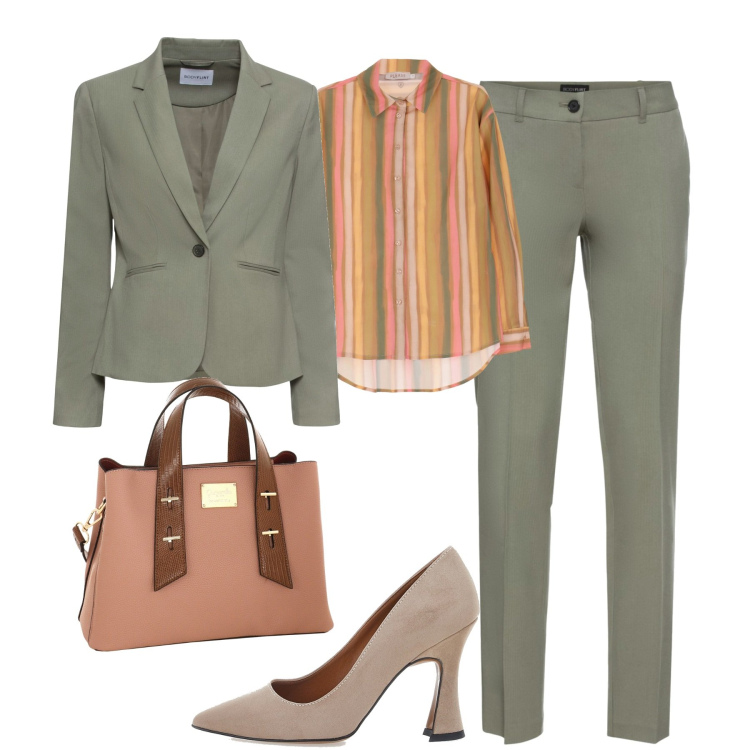 Outfit donna - In centro. Stile Chic per Tutti i giorni. Abbinamento con blazer, pantaloni, camicie, borse a mano, décolleté.