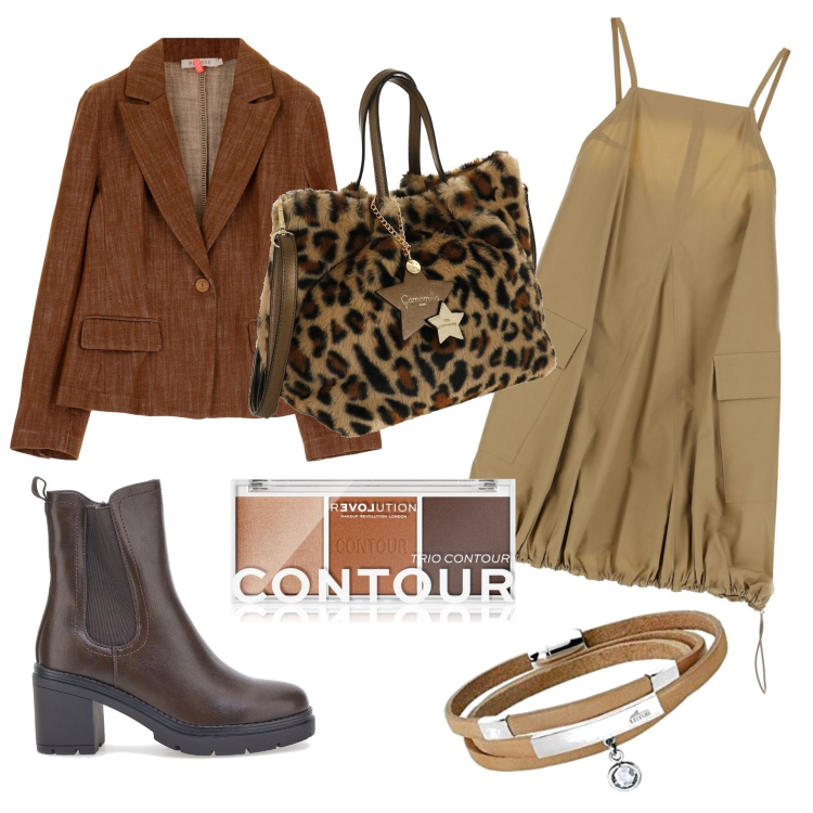 Outfit donna - Total look #1731631. Stile Casual chic per Serata fuori. Abbinamento con terre, giacche, vestiti corti, borse a mano, stivaletti chelsea, braccialetti.