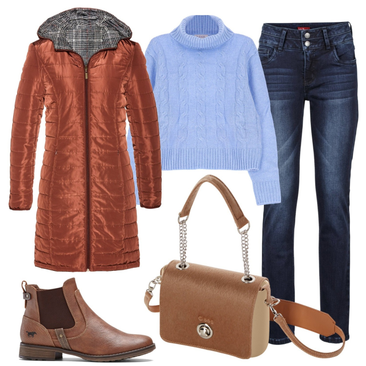 Outfit donna - Toni marrone e blu. Stile Casual chic per Tutti i giorni. Abbinamento con jeans, blazer, stivaletti chelsea, maglieria, borse a spalla.