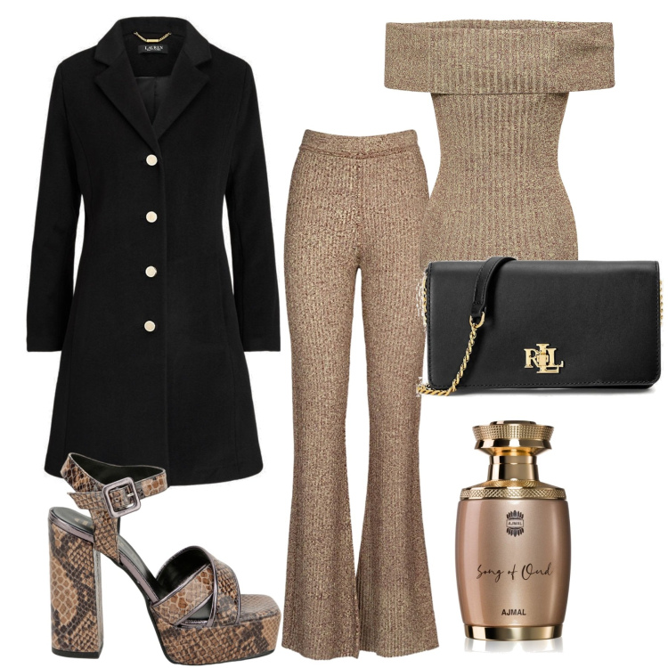 Outfit donna - Serata. Stile Chic per Serata fuori. Abbinamento con profumi, décolleté, cappotti, borse a tracolla, pantaloni, top.