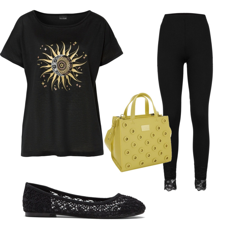 Outfit donna - Dettagli che fanno la differenza. Stile Casual chic per Scuola/Università. Abbinamento con ballerine, maglieria, leggings, borse a mano.
