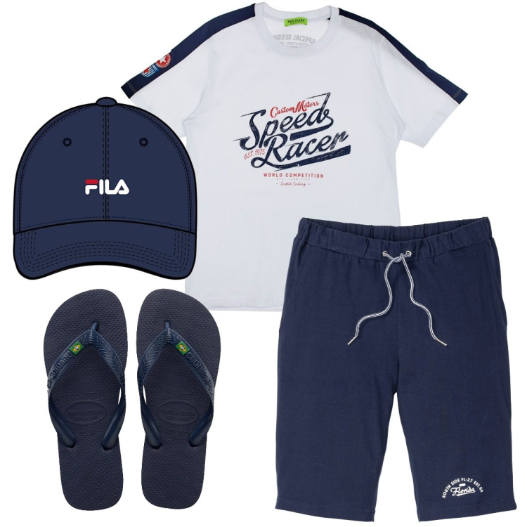 Outfit uomo - Total look #1731660. Stile Casual per Mare. Abbinamento con bermuda, t-shirt, sandali, cappelli con visiera.
