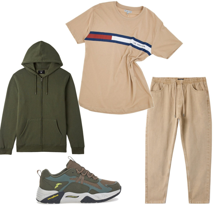 Outfit uomo - Passeggiata autunnale. Stile Casual per Tutti i giorni. Abbinamento con pantaloni, felpe con cappuccio, t-shirt, sneakers.