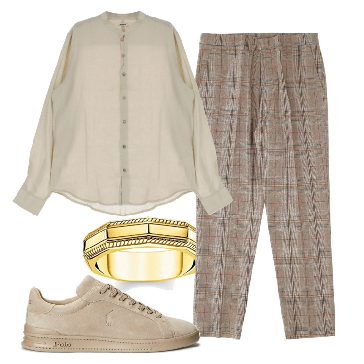 Outfit uomo - Color sabbia. Stile Casual per Ufficio. Abbinamento con pantaloni capri, camicie, sneakers, anelli.