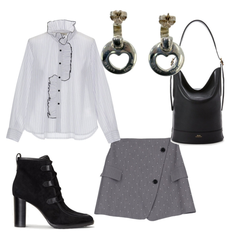 Outfit donna - Ottobre in minigonna. Stile Casual chic per Serata fuori. Abbinamento con orecchini, minigonne, camicie, borse a secchiello, stivaletti.