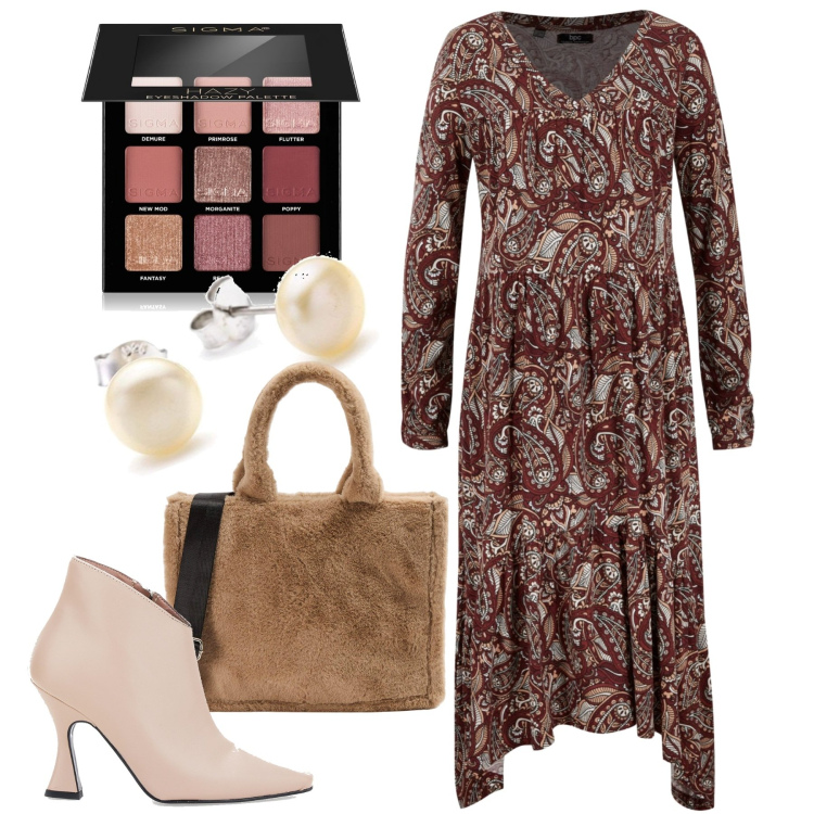 Outfit donna - Kashmir. Stile Chic per Tutti i giorni. Abbinamento con vestiti, ombretti, shopping bag, stivaletti, orecchini.