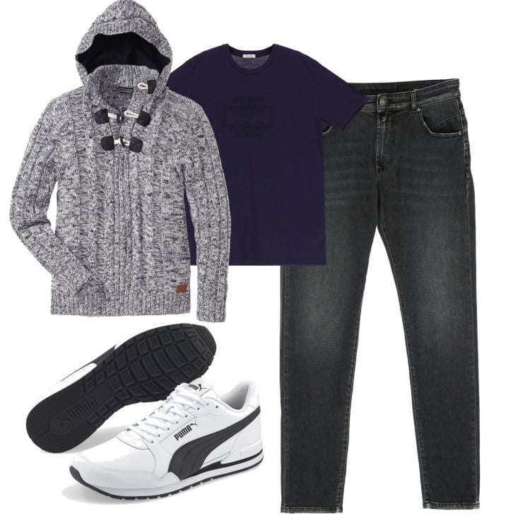 Outfit uomo - City. Stile Casual per Tutti i giorni. Abbinamento con maglieria, t-shirt, jeans, sneakers.
