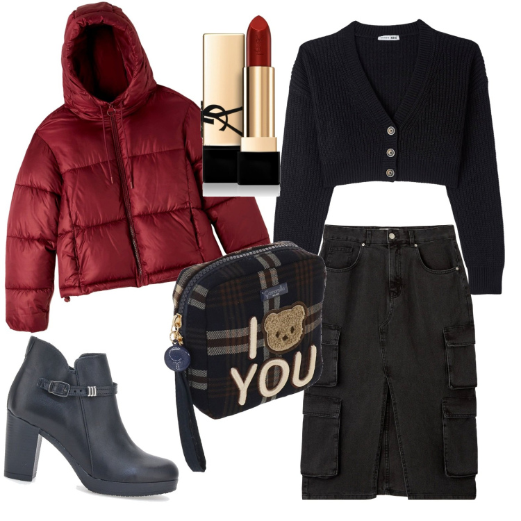 Outfit donna - Total look #1731695. Stile Casual chic per Tutti i giorni. Abbinamento con rossetti, gonne longuette, piumini, cardigans, valigie, stivaletti.