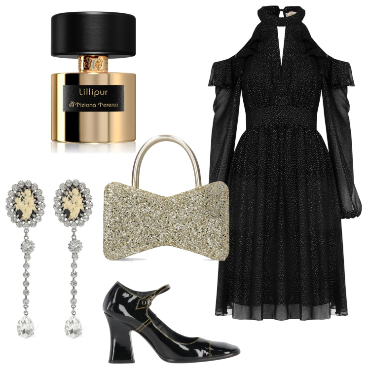 Outfit donna - Ricevimento. Stile Boho per Cerimonia. Abbinamento con décolleté, profumi, vestiti corti, borse a mano, orecchini.