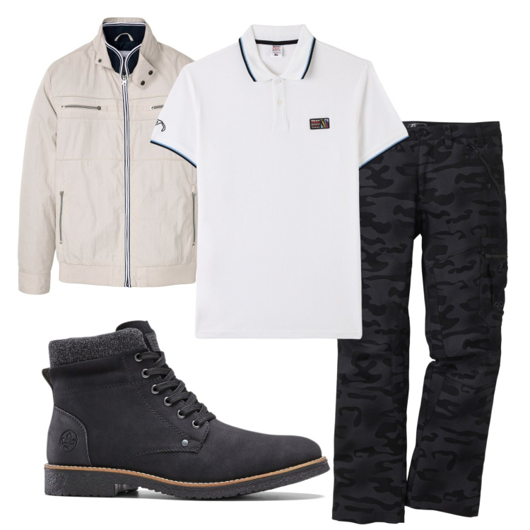Outfit uomo - Bianco e nero ️. Stile Casual per Tutti i giorni. Abbinamento con giacche, pantaloni cargo, stivali e stivaletti, polo.