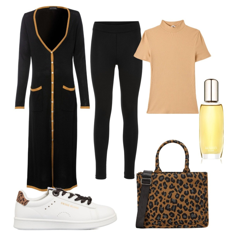 Outfit donna - Sofia. Stile Basic per Tutti i giorni. Abbinamento con cardigans, leggings, profumi, shopping bag, t-shirt, sneakers.