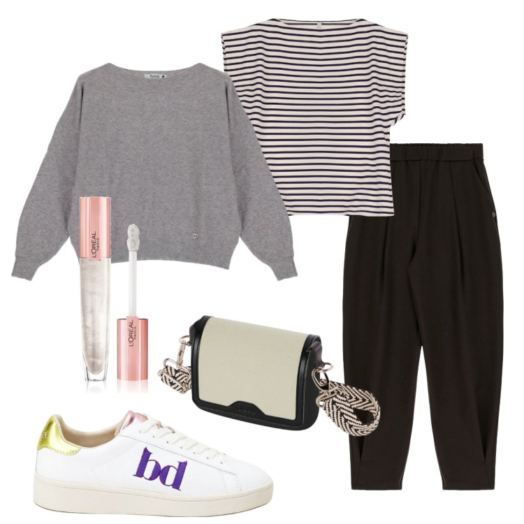 Outfit donna - Due passi a Milano. Stile Basic per Tutti i giorni. Abbinamento con gloss, felpe, pantaloni capri, t-shirt, sneakers, borse a spalla.
