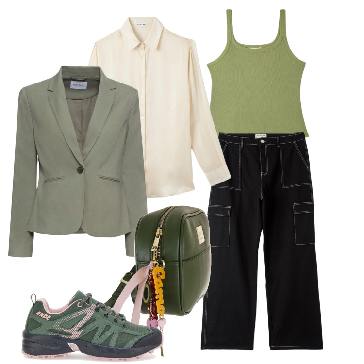 Outfit donna - Olive. Stile Casual per Scuola/Università. Abbinamento con blazer, camicie, pantaloni cargo, top, sneakers, borse a tracolla.