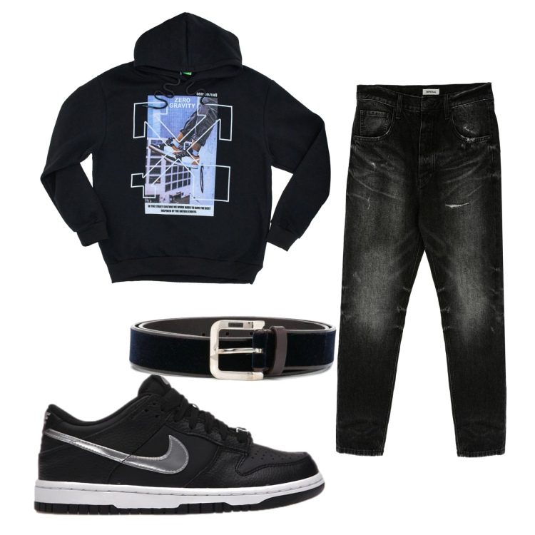 Outfit uomo - Total look #1731824. Stile Urban per Tutti i giorni. Abbinamento con jeans slim fit, sneakers, cinture, felpe con cappuccio.