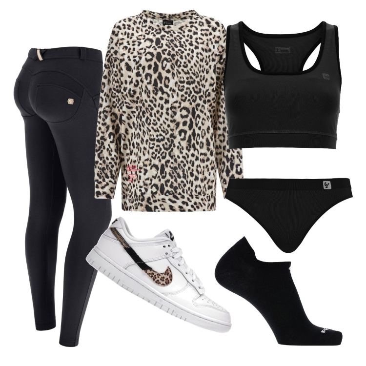 Outfit donna - Passeggiata al parco. Stile Sporty chic per Sport. Abbinamento con sneakers, pantaloni skinny, perizomi, calzini, felpe, reggiseni.
