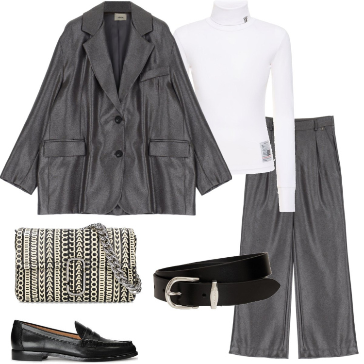 Outfit donna - Il completo trendy. Stile Trendy per Tutti i giorni. Abbinamento con blazer, pantaloni a palazzo, mocassini, borse a spalla, maglieria, cinture.
