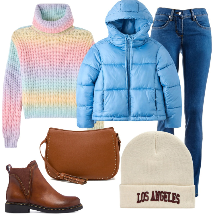 Outfit donna - Beauty-box universale. Stile Basic per Tutti i giorni. Abbinamento con jeans dritti, maglieria, berretti, piumini, stivaletti, borse a tracolla.