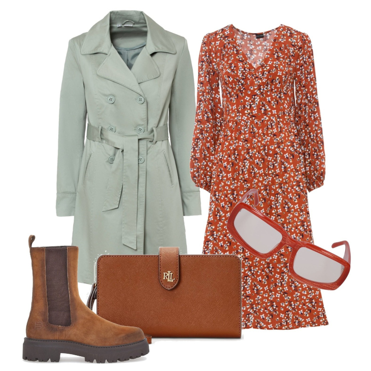 Outfit donna - Ghost outfitter - ottobre. Stile Casual chic per Tutti i giorni. Abbinamento con trench, vestiti midi/longuette, pochette, stivaletti chelsea, occhiali da sole.