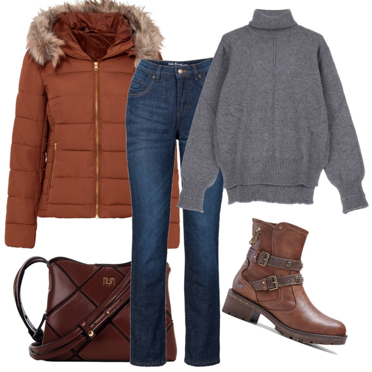 Outfit donna - Il piumino color mattone. Stile Casual per Tutti i giorni. Abbinamento con giacche, jeans dritti, stivaletti, borse a spalla, maglieria.