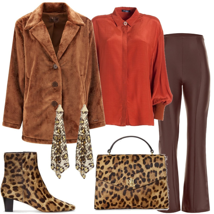 Outfit donna - Autunno animalier. Stile Trendy per Tutti i giorni. Abbinamento con camicie, pantaloni, cappotti, stivaletti, borse a mano, orecchini.