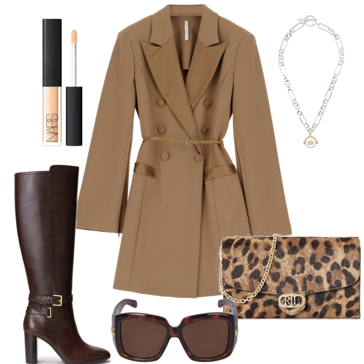 Outfit donna - L\'abito che fa colpo. Stile Chic per Tutti i giorni. Abbinamento con correttori, vestiti corti, borse a tracolla, stivali, ciondoli, occhiali da sole.
