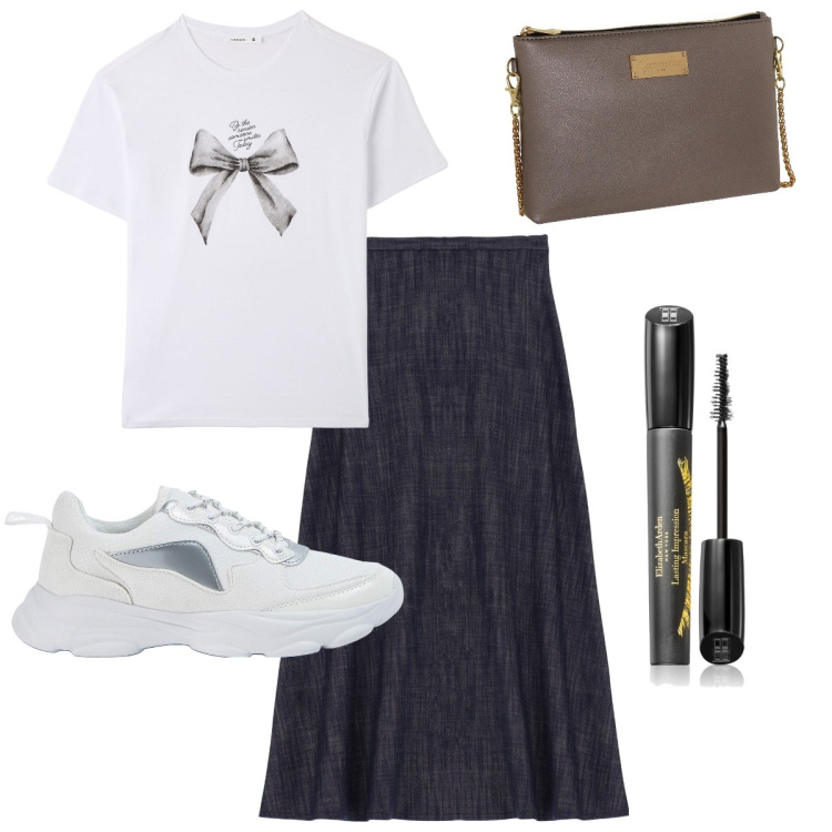 Outfit donna - Basic con il fiocco. Stile Basic per Tutti i giorni. Abbinamento con mascara, sneakers, t-shirt, gonne longuette, borse a mano.