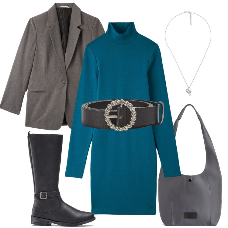 Outfit donna - L’abito a lupetto. Stile Casual chic per Serata fuori. Abbinamento con stivali, vestiti, cinture, blazer, borse a spalla, collane.