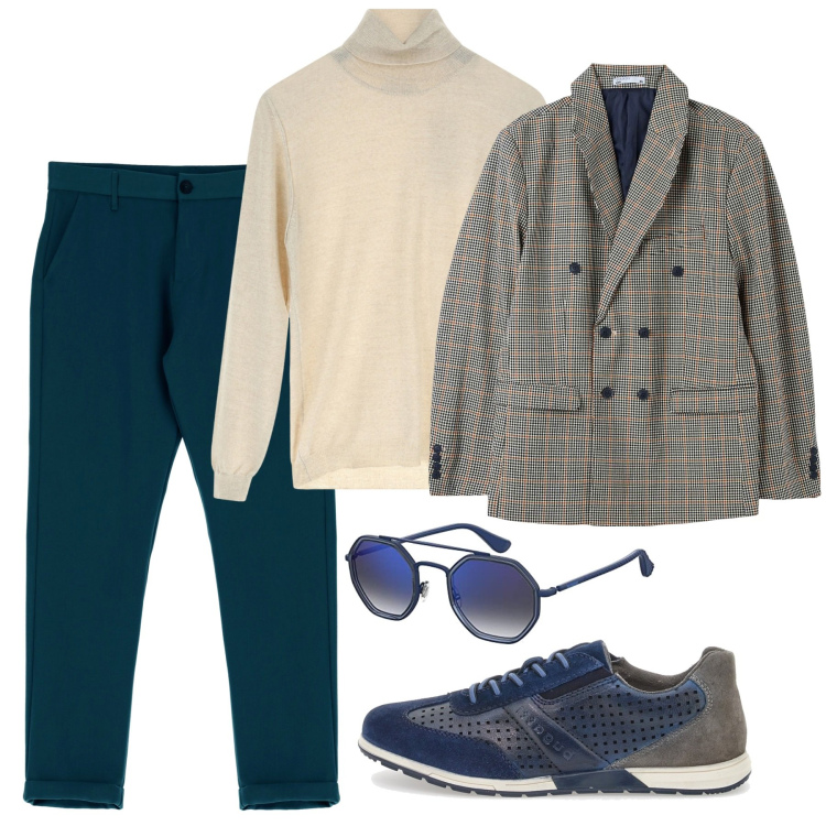 Outfit uomo - Pantaloni blu. Stile Casual Abbinamento con pantaloni, maglieria, giacche, scarpe stringate, occhiali da sole.