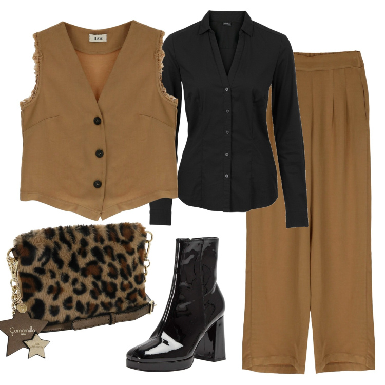 Outfit donna - Completo marrone. Stile Chic per Serata fuori. Abbinamento con camicie, stivaletti, gilet, pantaloni a palazzo, borse a tracolla.