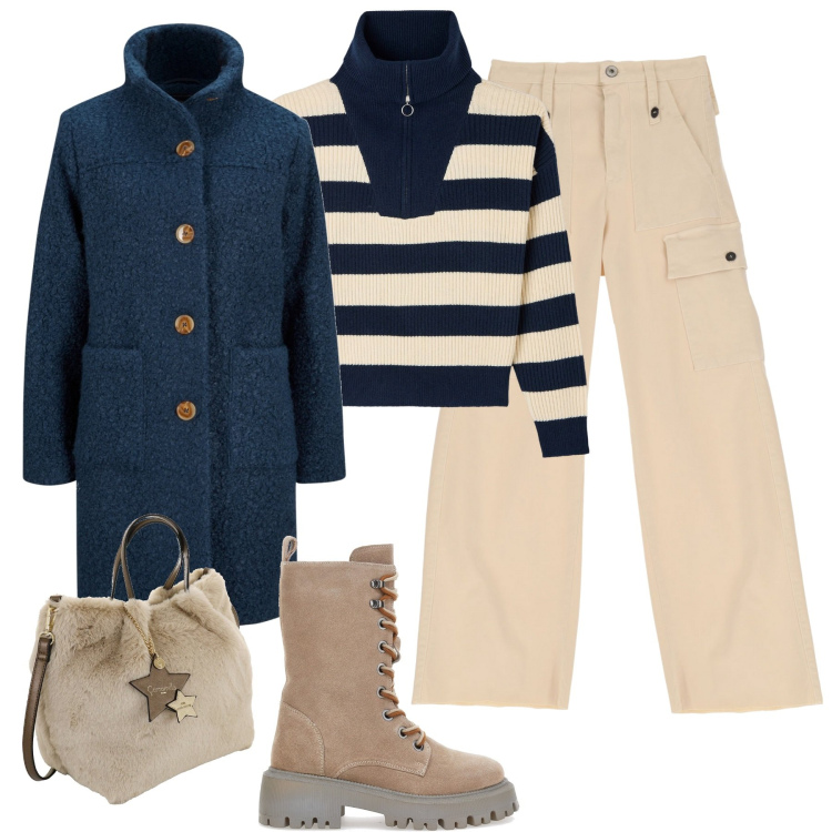 Outfit donna - Pullover a righe. Stile Casual chic per Tutti i giorni. Abbinamento con cappotti, maglieria, pantaloni cargo, anfibi, borse a mano.