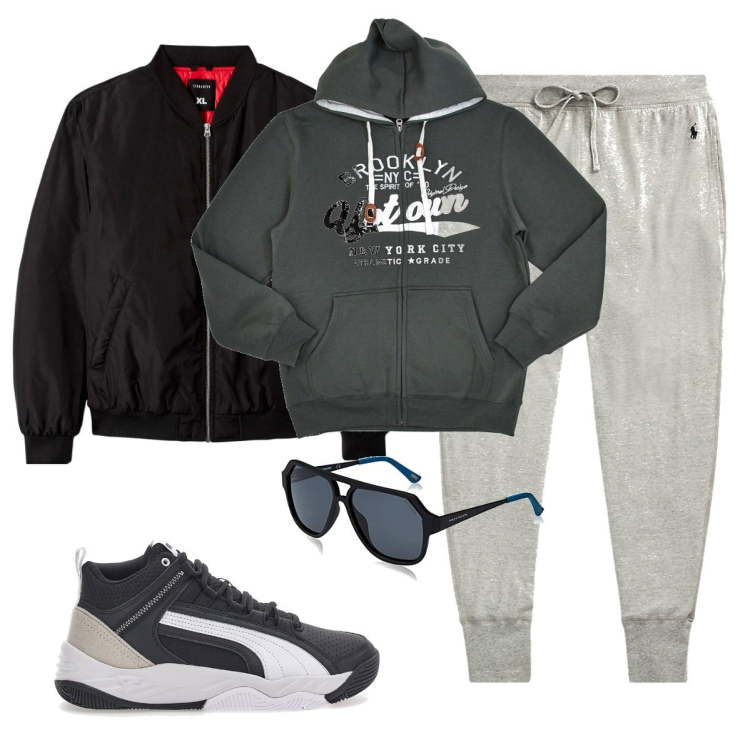 Outfit uomo - Yassin. Stile Urban per Tutti i giorni. Abbinamento con bomber, pantaloni, sneakers, occhiali da sole, felpe con cappuccio.