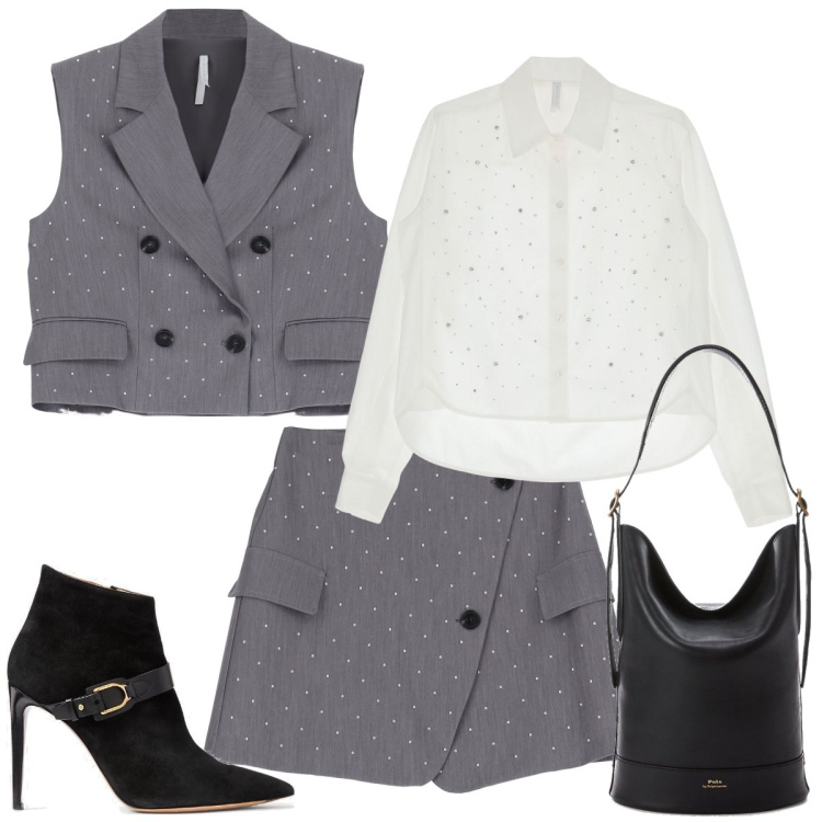 Outfit donna - Il tailleur grigio. Stile Sexy per Serata fuori. Abbinamento con minigonne, gilet, camicie, borse a secchiello, stivaletti.