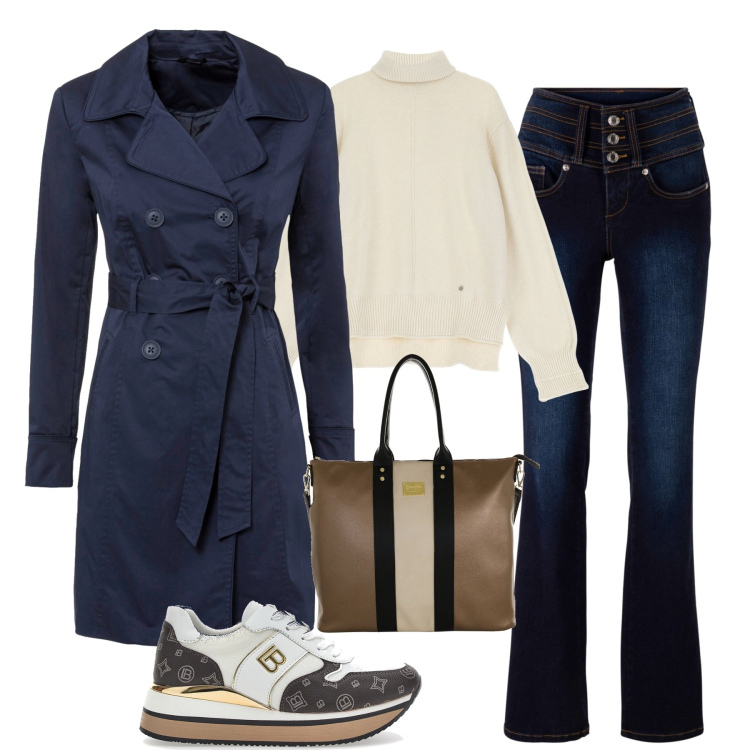 Outfit donna - In città. Stile Casual chic per Tutti i giorni. Abbinamento con trench, jeans bootcut, maglieria, sneakers, borse a spalla.
