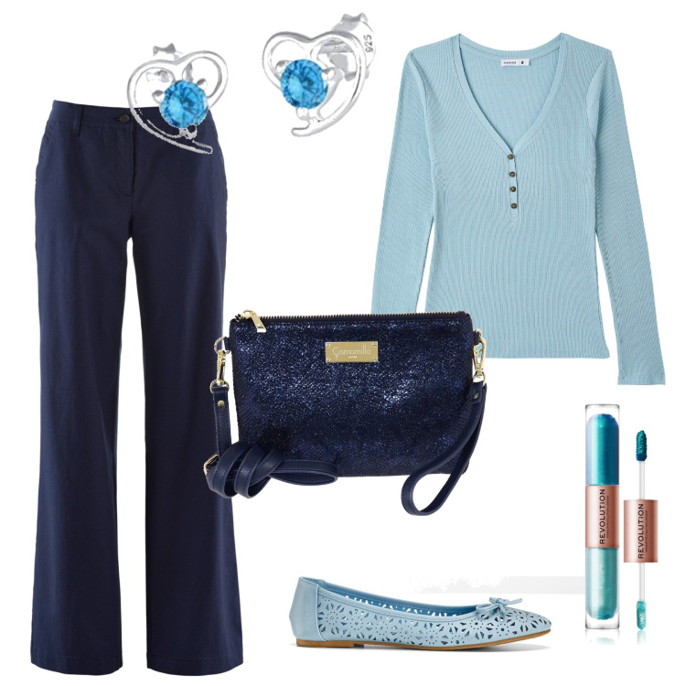 Outfit donna - Semplice ed elegante con maglia azzurra, . Stile Bon Ton per Tutti i giorni. Abbinamento con pantaloni, ballerine, ombretti, maglieria, orecchini, borse a mano.