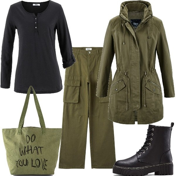 Outfit donna - Military Mid-Season Sale. Stile Military per Tutti i giorni. Abbinamento con parka, stivaletti, cardigans, shopping bag, pantaloni cargo.