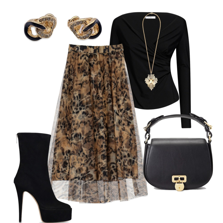 Outfit donna - Serata fuori. Stile Glamour per Serata fuori. Abbinamento con orecchini, gonne longuette, ciondoli, borse a tracolla, top, stivaletti.