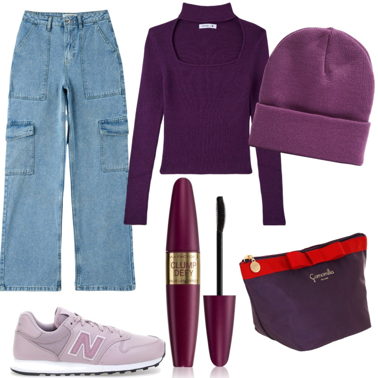 Outfit donna - caffè tra amiche. Stile Casual per Tutti i giorni. Abbinamento con mascara, maglieria, berretti, jeans, sneakers, pochette.