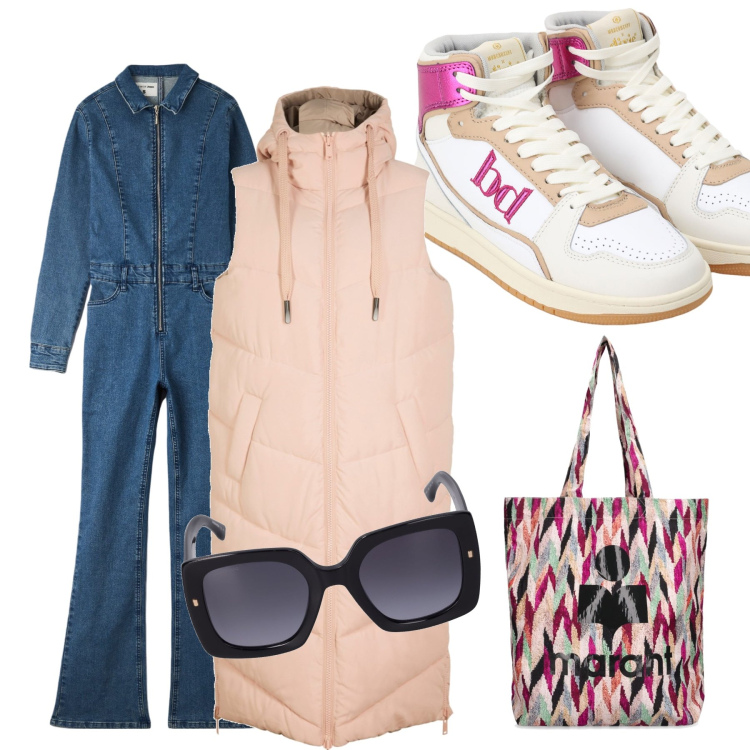 Outfit donna - Shopping informale. Stile Casual per Tutti i giorni. Abbinamento con gilet, tute, sneakers alte, occhiali da sole, shopping bag.