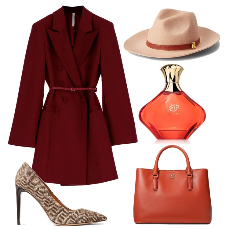 Outfit donna - Look color mattone. Stile Chic per Tutti i giorni. Abbinamento con profumi, vestiti corti, borse a mano, décolleté, sciarpe.