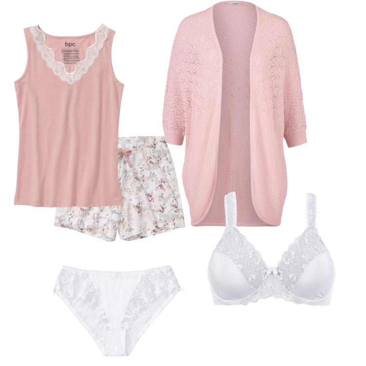 Outfit donna - Notte rosa. Stile Romantica per Tutti i giorni. Abbinamento con pigiama, reggiseni, cardigans, slip.