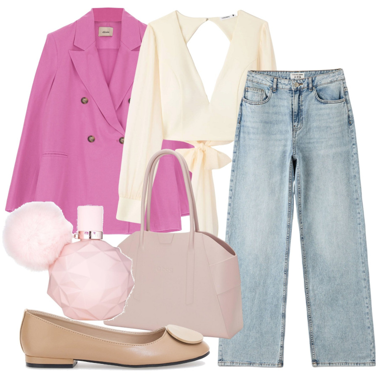 Outfit donna - Jeans e blazer. Stile Casual chic per Serata fuori. Abbinamento con profumi, bluse, jeans, giacche, borse a spalla, ballerine.