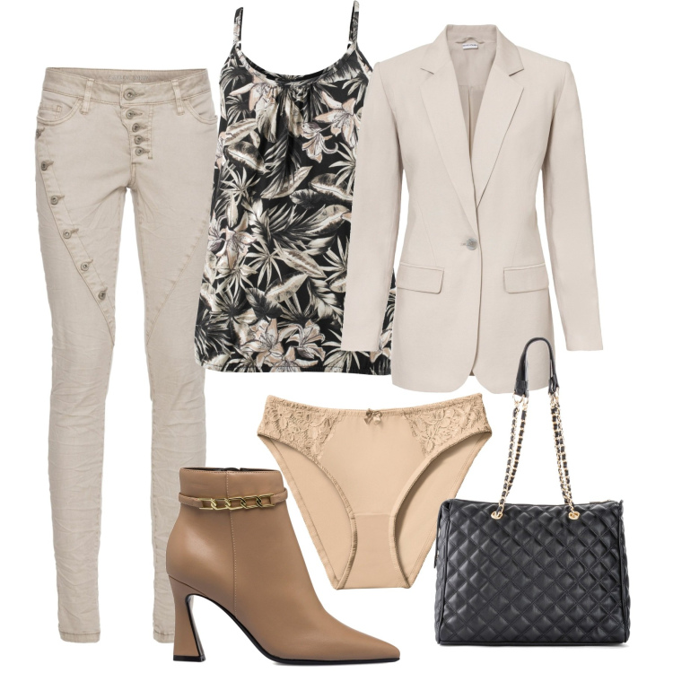 Outfit donna - Naturale. Stile Casual chic per Tutti i giorni. Abbinamento con top, shopping bag, pantaloni, blazer, slip, stivaletti.