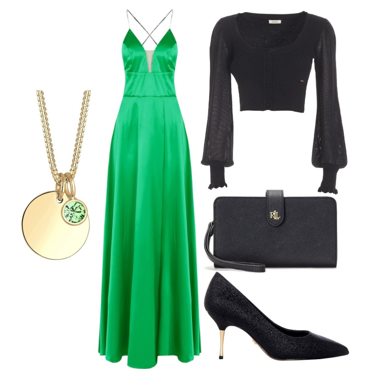 Outfit donna - Verde smeraldo. Stile Chic per Cerimonia. Abbinamento con vestiti lunghi, décolleté, cardigans, pochette, collane.