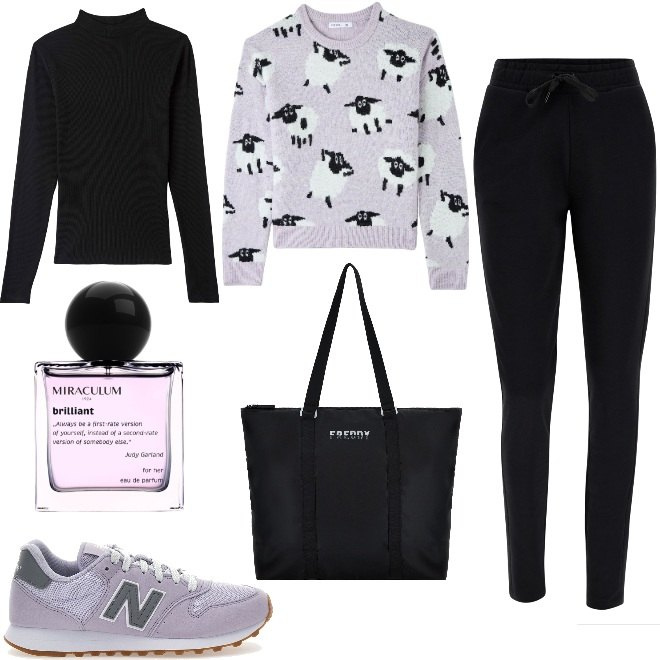 Outfit donna - Il Maglioncino Divertente di Terranova. Stile Basic per Tutti i giorni. Abbinamento con profumi, maglieria, t-shirt, borse tote, pantaloni, sneakers.