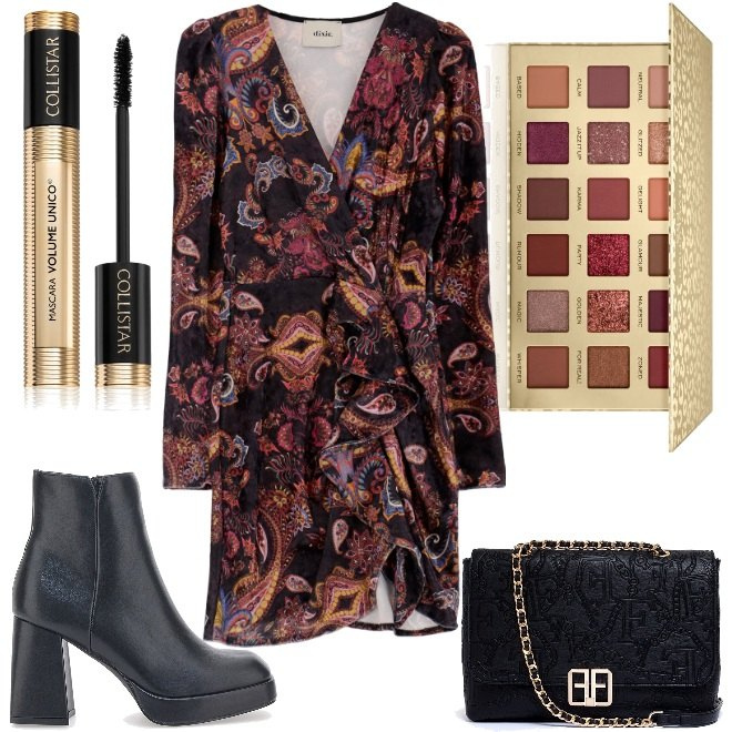 Outfit donna - Il Mini Dress Multicolor di Dixie. Stile Trendy per Serata fuori. Abbinamento con ombretti, mascara, clutch, vestiti corti, stivaletti.