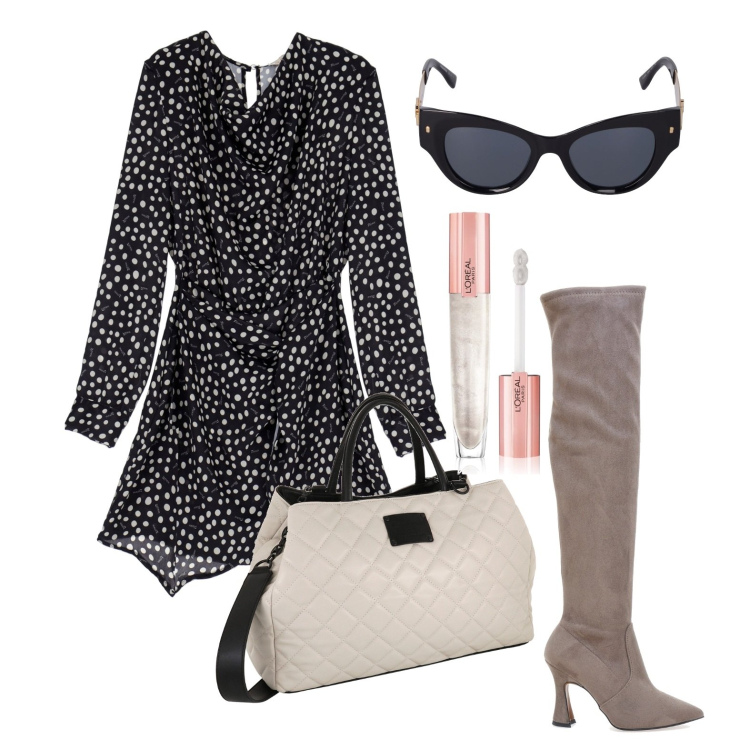 Outfit donna - Ghost outfitter - ottobre. Stile Casual chic per Tutti i giorni. Abbinamento con gloss, vestiti corti, borse a mano, stivali sopra il ginocchio, occhiali da sole.
