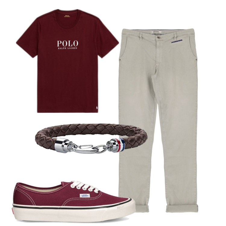 Outfit uomo - Polo. Stile Casual per Ufficio. Abbinamento con pantaloni, t-shirt, braccialetti, sneakers.