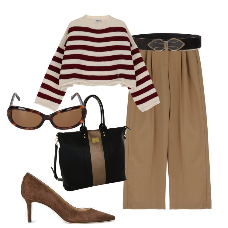 Outfit donna - Marrone e nero. Stile Casual chic per Tutti i giorni. Abbinamento con cinture, pullovers, pantaloni a palazzo, décolleté, occhiali da sole, borse a spalla.
