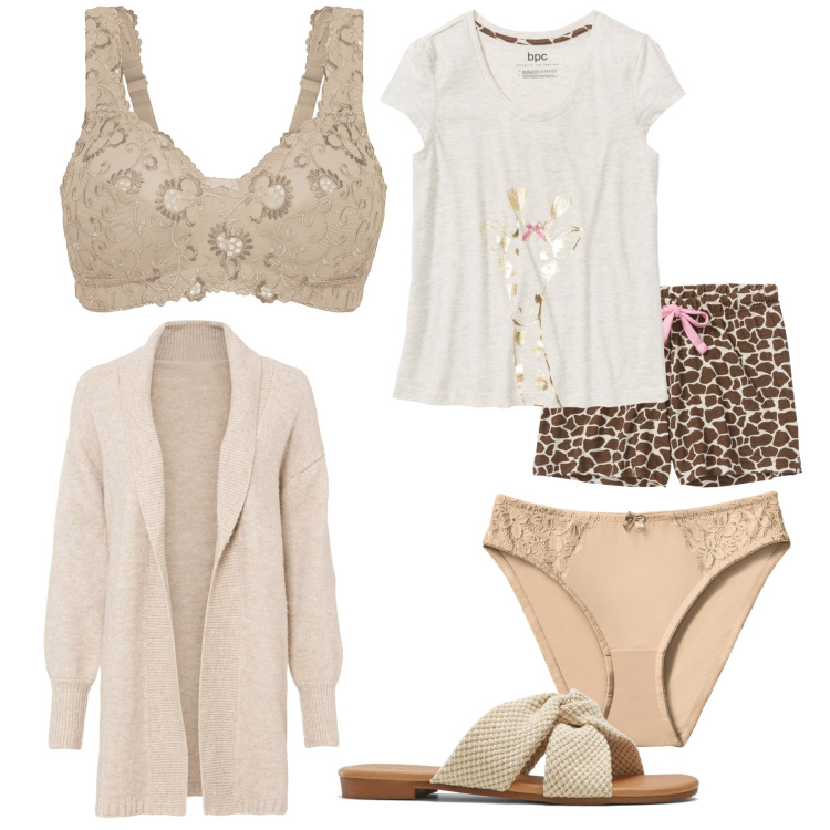 Outfit donna - Intimo in beige. Stile Trendy per Tutti i giorni. Abbinamento con reggiseni, cardigans, pigiama, slip, ciabatte.