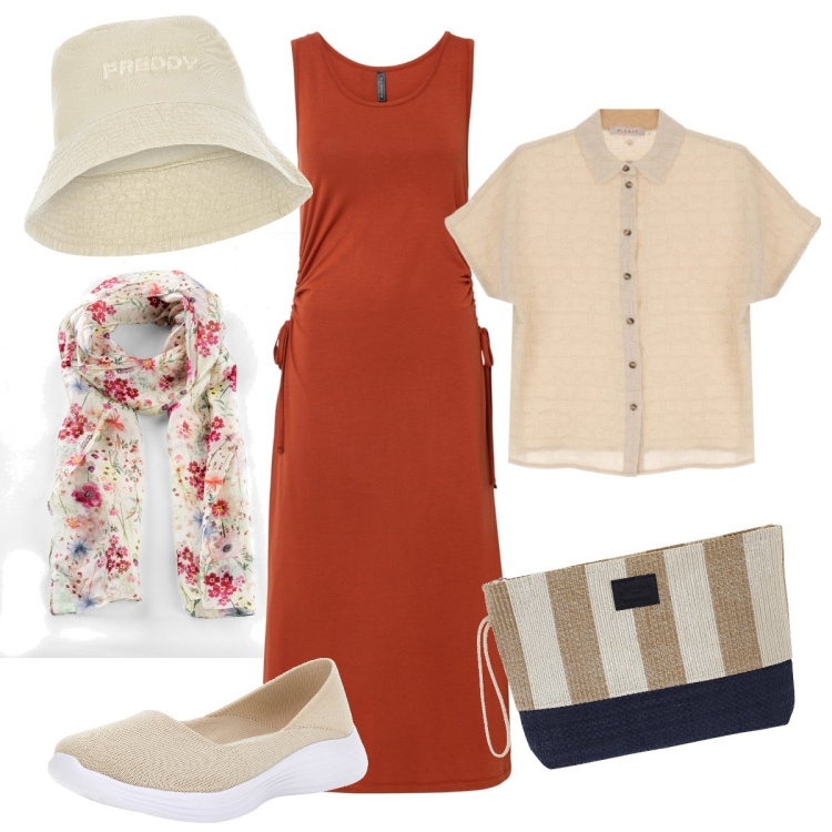 Outfit donna - BASIC in saldo. Stile Basic per Tutti i giorni. Abbinamento con foulard, vestiti, camicie a manica corta, cappelli, ballerine, valigie.